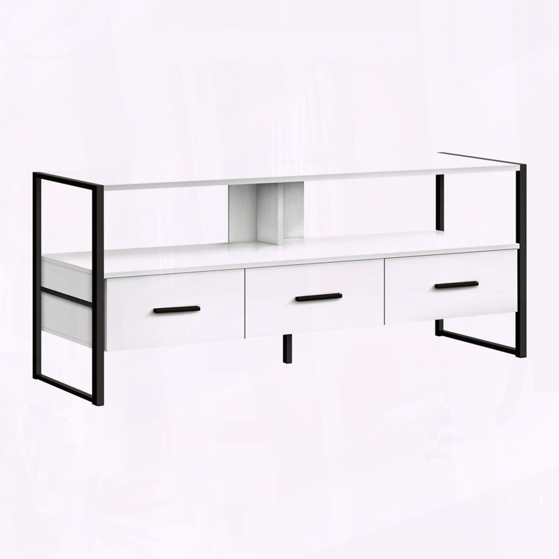 Meuble télé blanc avec structure en métal noir et trois tiroirs de rangement