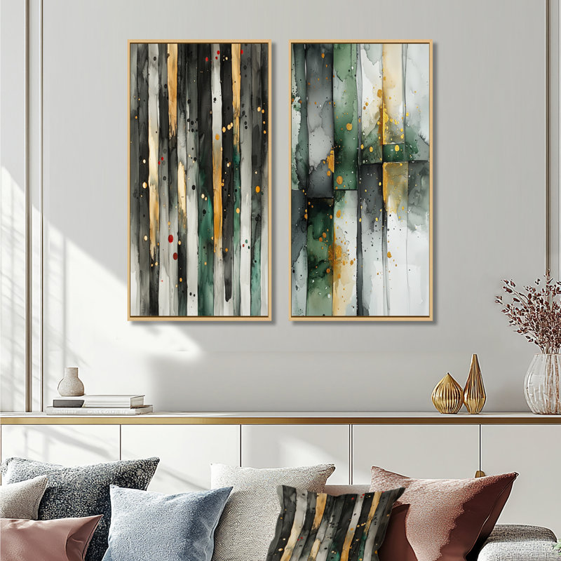 Collection de 2 œuvres d'art abstraites dorées, vertes et éthérées - I, Cadre crème crème, H 32 po x l 33 po