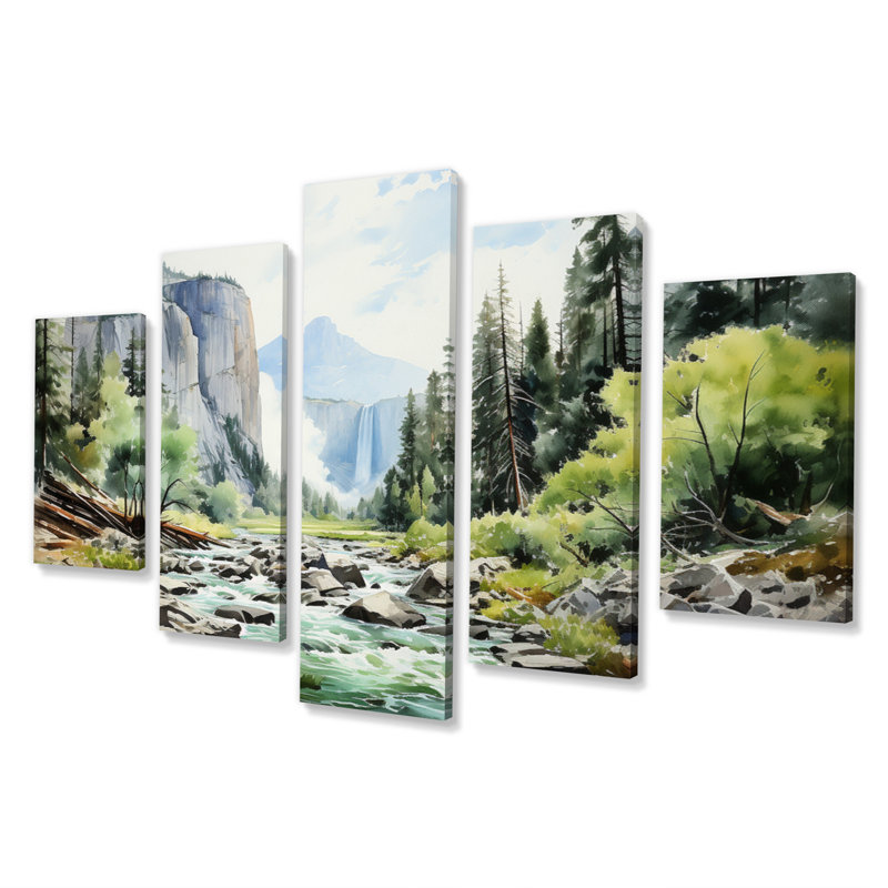 «Green Blue Mountains» Cascade Symphony - impression d'art mural paysages - 5 panneaux