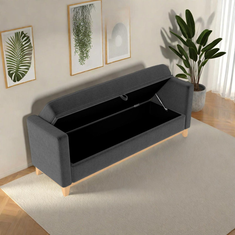 Banc de rangement en sherpa avec pieds en bois et traversins, Noir