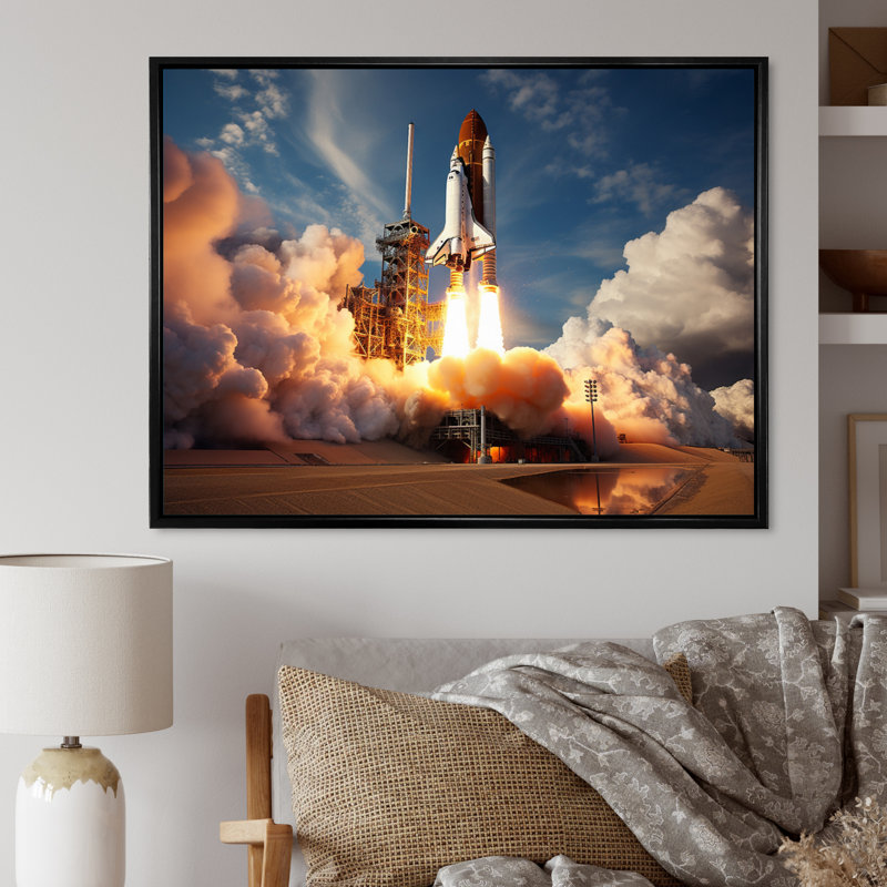 Lancement de la Navette spatiale Rayva II sur toile, H 34 po x l 44 po x P 1,5 po, Cadre flottant noir