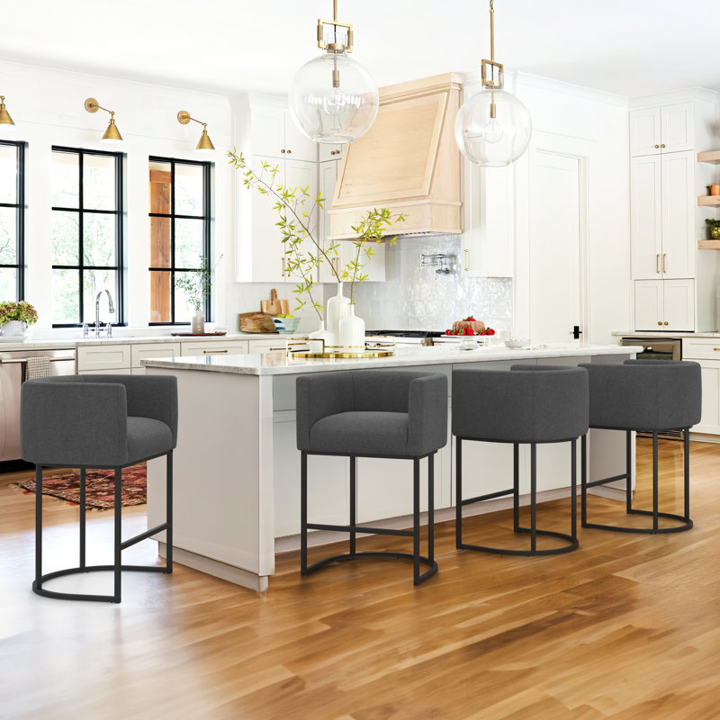 Clodomira 27" H Counter Height Bar Stools Set Of 4, Modern Barrel Counter Stools With Backrest And Arms, Metal Frames, Upholstered Accent Barstools For Kitchen Island