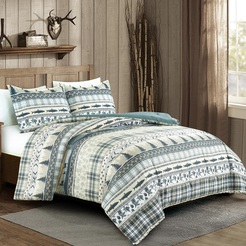 Meadow Pine Tree Fish Deer Cabin Lodge Comforter Set, Queen Comforter + 2 Standard Shams