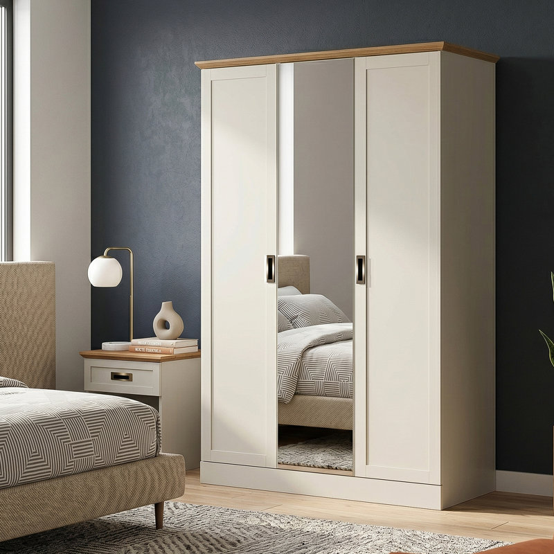 Erison 3 Door Manufactured Wood Wardrobe With Mirror, Light Grey