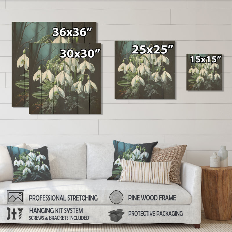 Morning Hush Snowdrops In Silent White VI - Snowdrops On Wood Print, 15" H x 15" W