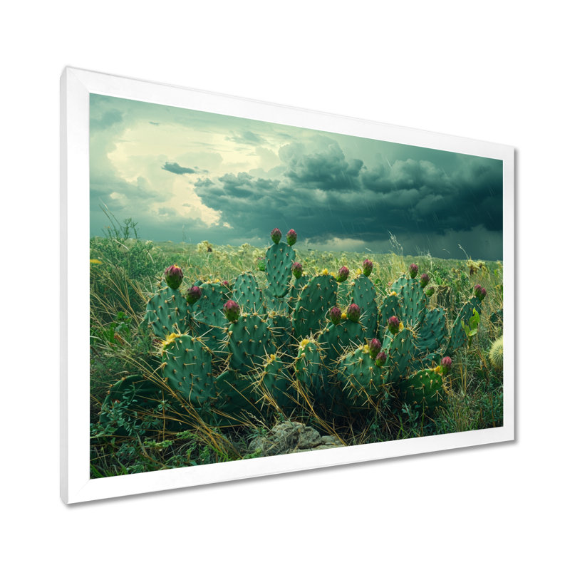 Cactus et la tempête du désert - art mural cactus, H 12 po x l 20 po, Avec cadre, Blanc