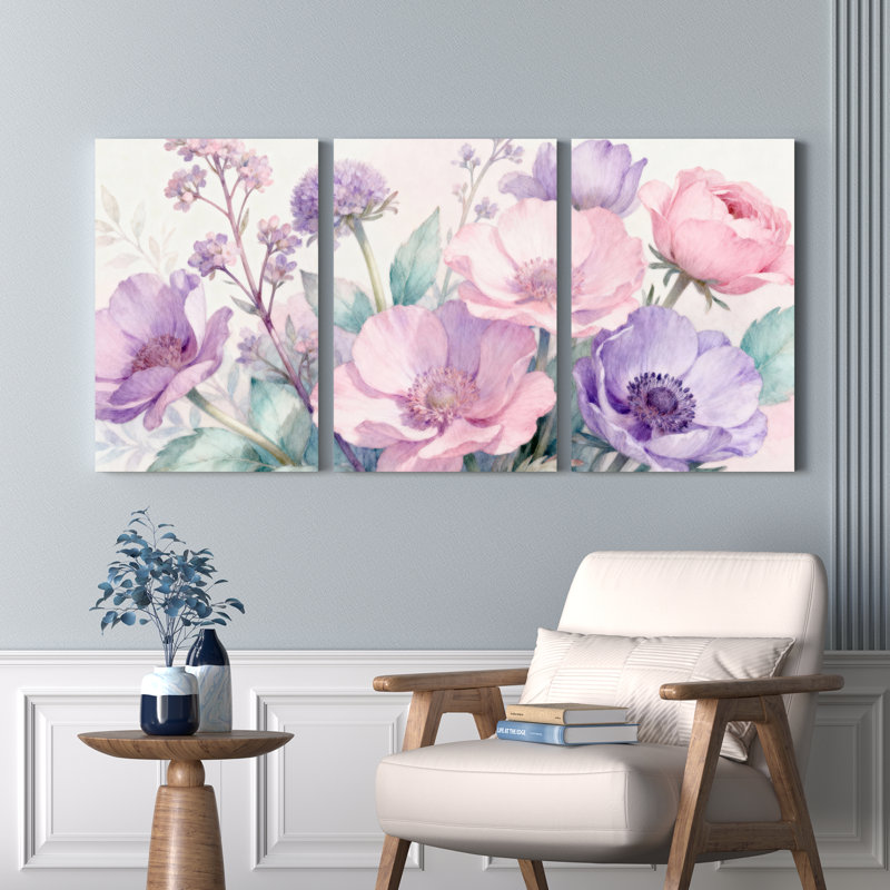 «Pastel Floral», reproduction d'art sur toile tendue à l'aquarelle, impression de fleurs roses et mauves (ensemble de 3)