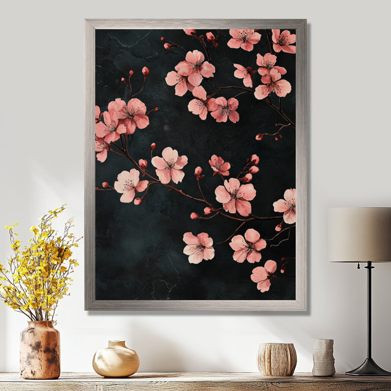 Cherry Blossom Midnight Blooms I - Art mural floral, H 40 po x l 30 po, Reproduction encadrée d'une seule photo