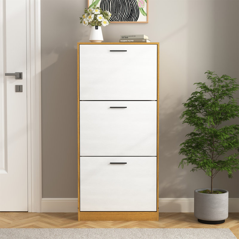 Armoire de rangement pour chaussures avec 3 tiroirs à panneaux blancs, Naturel