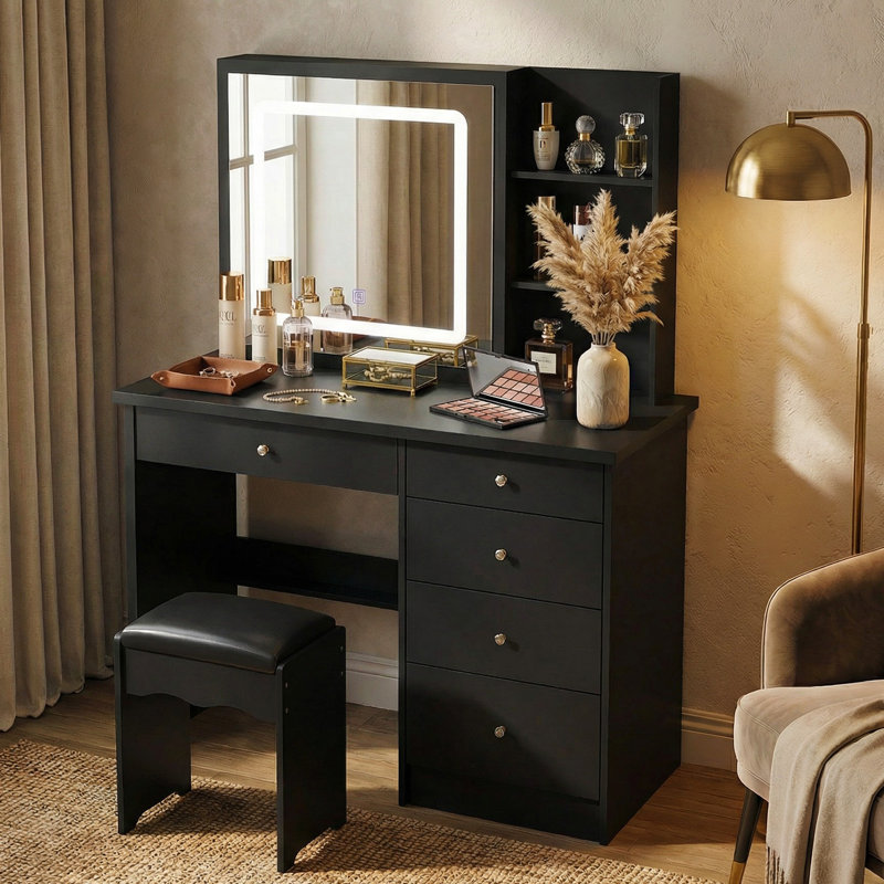 Ensemble de coiffeuse avec miroir coulissant et lumières, Noir
