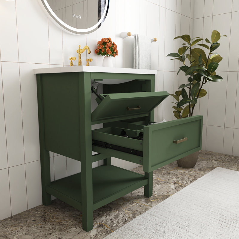 Meuble-lavabo contemporain 24 po en MDF vert avec 2 tiroirs - Armoire de rangement contemporaine avec lavabo supérieur intégré