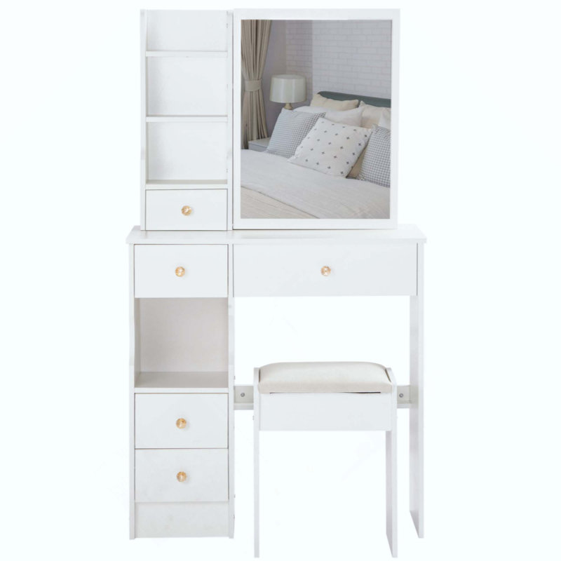Petit meuble-lavabo de bureau avec tiroir à gauche avec petit espace + tabouret rembourré, très grand miroir coulissant à droite, rangement multicouche à grande capacité, commode pratique et pratique, convient aux petits espaces