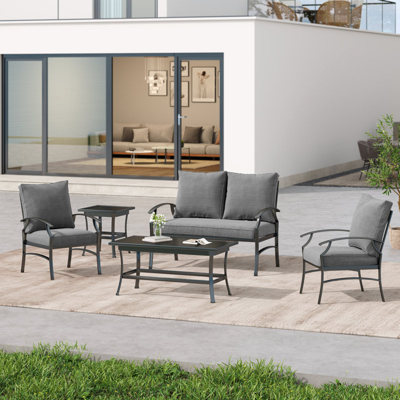 Nickita Outdoor Metal 4-Person Patio Set With Two Tables And Cushions, Gray