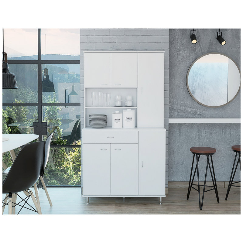 Della 90 Kitchen Pantry, 1 Drawer, Multiple Cabinets, 2 Open Shelves, White