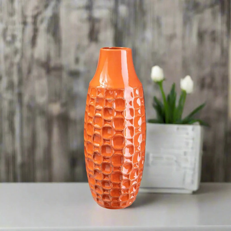 Vase de table en céramique Fallah, Orange, H 12 po x l 4,75 po x P 4,75 po