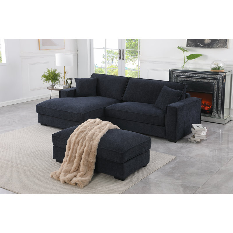 102" Upholstered Deep Seat Chaise Sofa With Ottoman, Dark Blue Polyester, Left Hand Facing