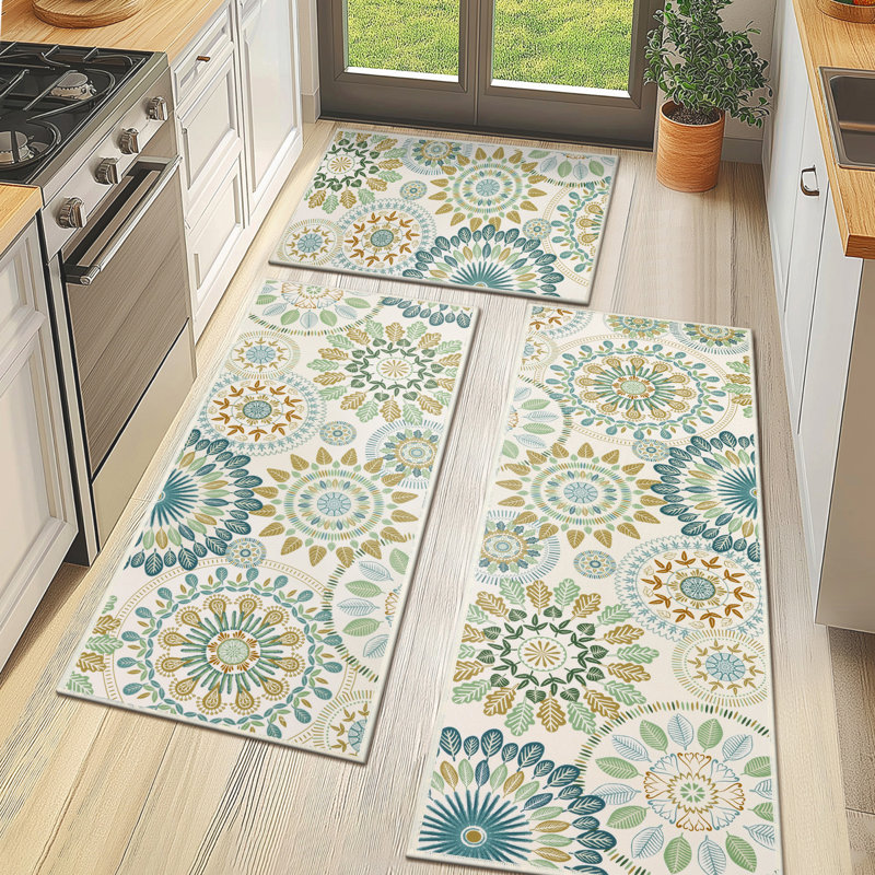Mcnish Machine Washable Non Slip Kitchen Mat, Green/Beige