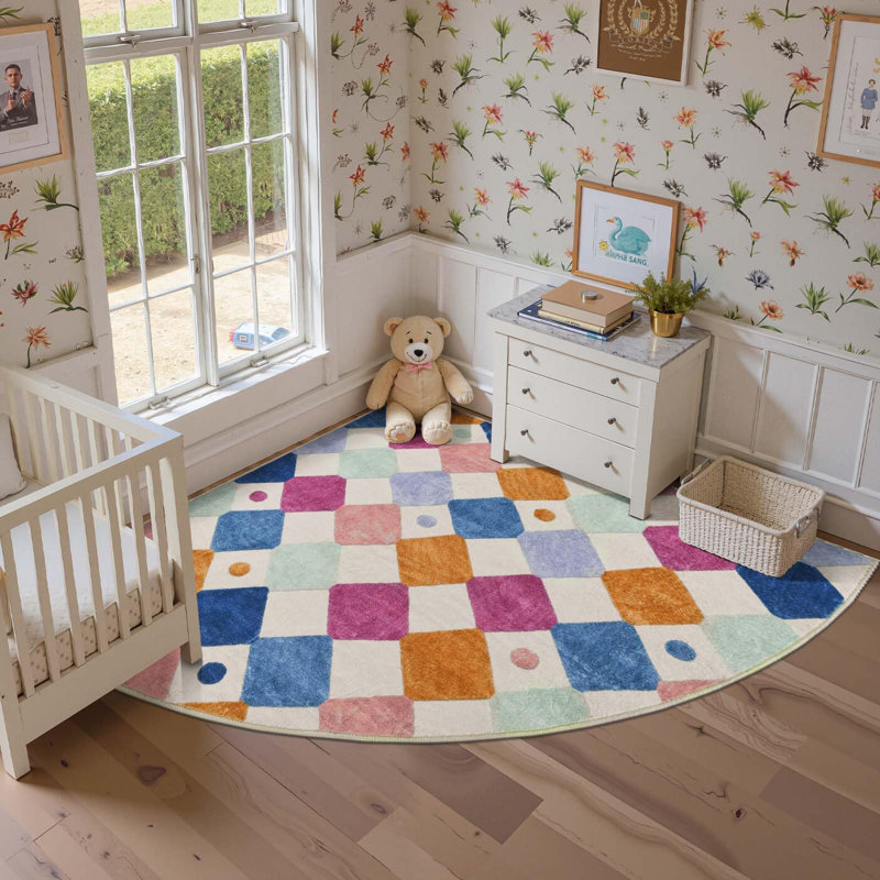 Colorful Diamond for Kids Washable Non-slip Rug Berries on Cream, Corner 6' x 6', Berries on Cream