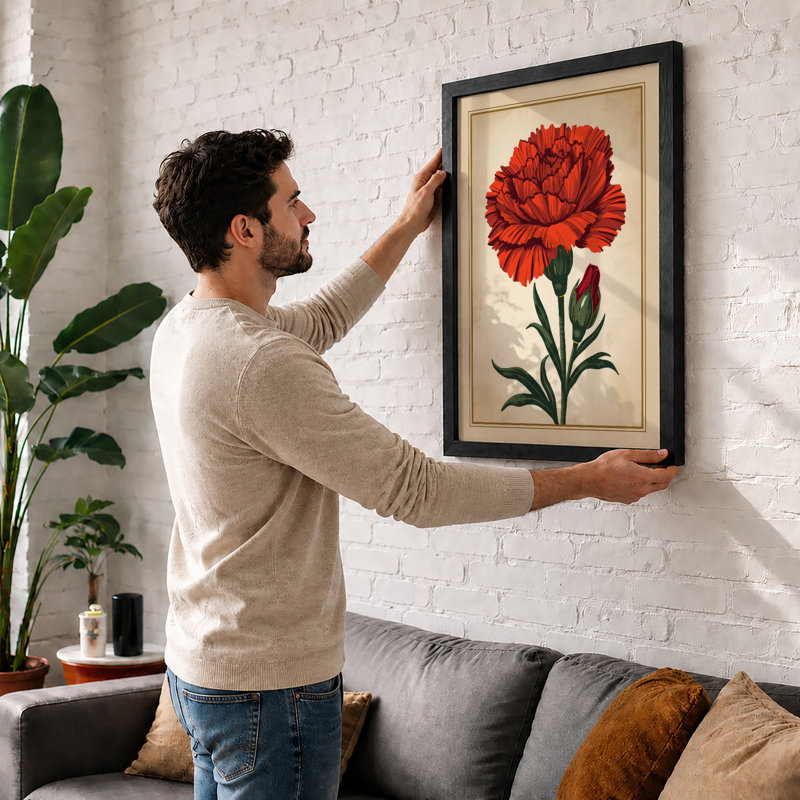 Crimson Carnation Study Botanical - Framed Print, Oak, A4 - 29.7 x 21.0 cm