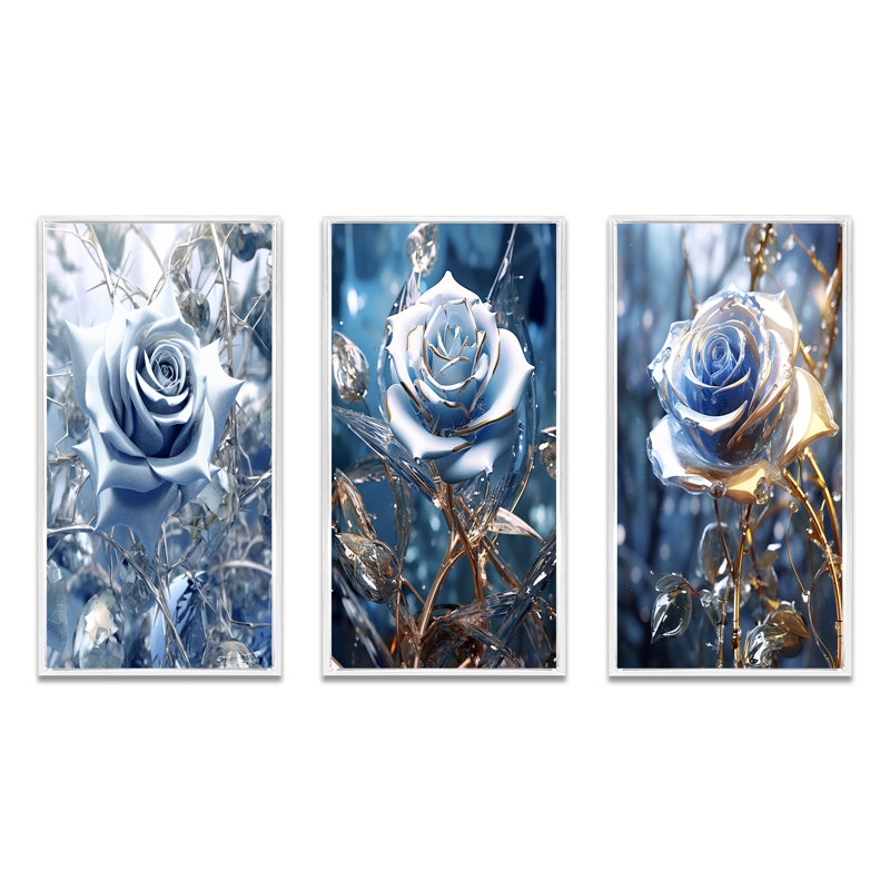 «Gilded Blue Rose Shining In The Morning Light I», 3 pièces sur toile, Cadre flottant blanc, H 32 po x l 48 po