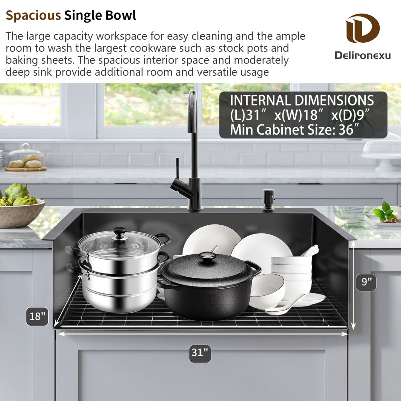 33'' L Single Bowl 304 Stainless Steel Kitchen Sink