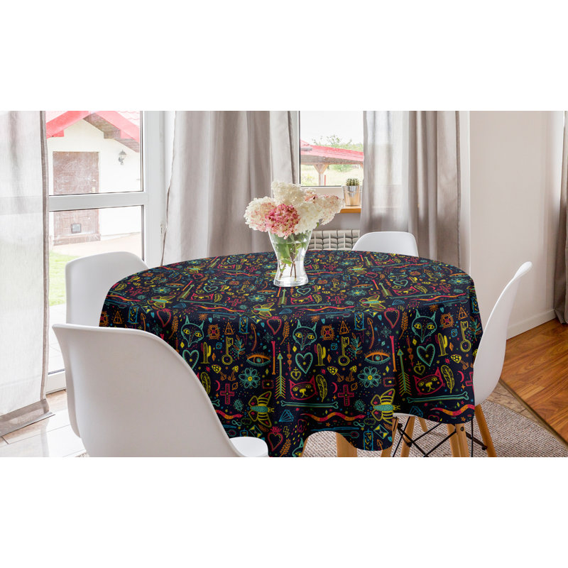 Ambesonne Modern Round Tablecloth, Halloween Magic Mysterious Symbols Fox Flowers Doodle Flowers Feather Boho Tribal, Circle Table Cloth Cover For Dining Room Kitchen Decoration, 60", Multicolor