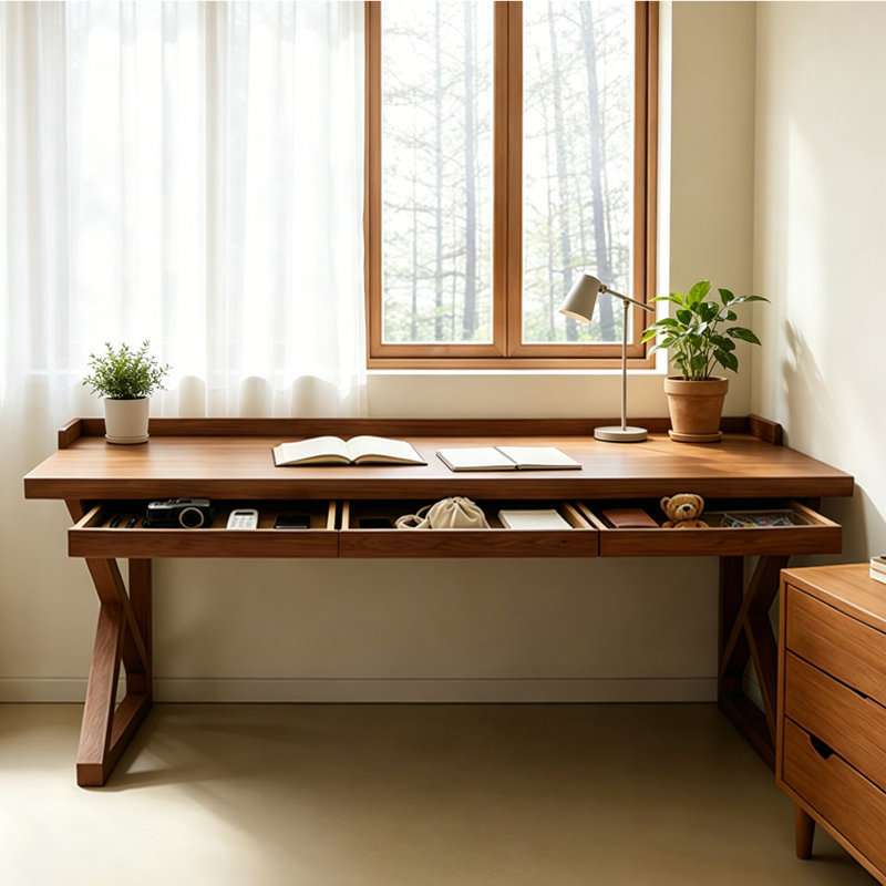 Bureau d'écriture rectangulaire en bois massif rétro brun, 29.52" H x 78.74" W x 27.55" D