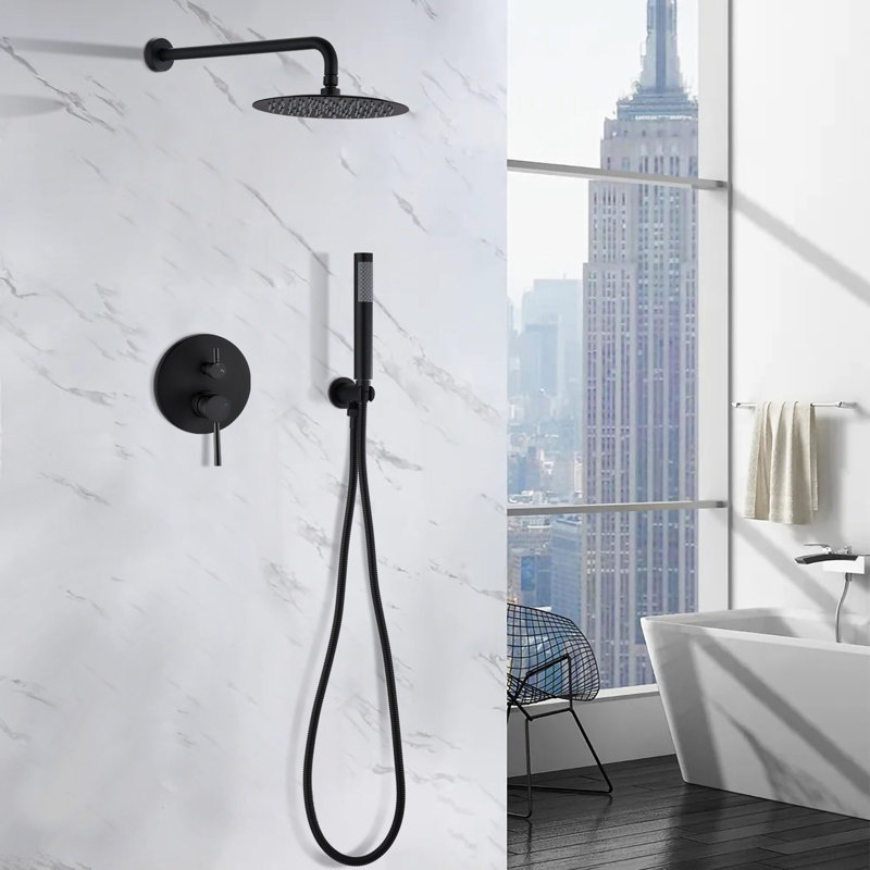 Matt Black Wall Mounted Shower With 10" Rain & Handheld Heads. Balance Valve, Skid Handle. 360° Rotatable. . 1.8 Gpm Flow. Swivel Spout. Compatible American Pipe