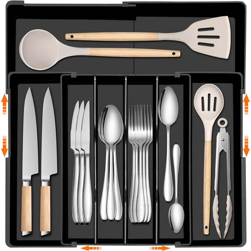 Silverware Organiser - Organisateur de tiroir de cuisine extensible, organisateur de tiroir réglable Silverware, plateau à couverts en plastique pour fourchettes, couteaux, organisateurs de tiroir de cuisine et rangement, noir