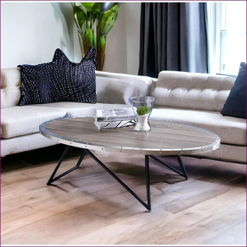 Table basse ovale en chêne gris avec base en métal - Style industriel pour le salon, conception robuste