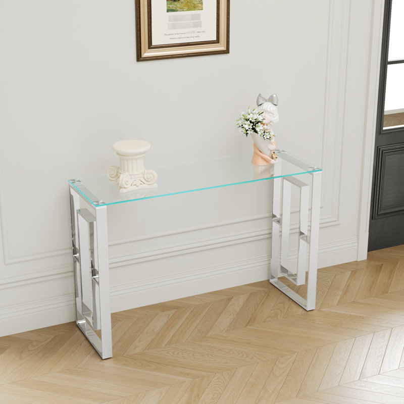 Console - pieds en acier inoxydable et plateau en verre transparent renforcé