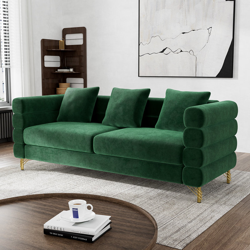 79" Modern 3 Seater Teddy Fleece Linen Blend Sofa With Gold Hardware Legs, Green Velvet