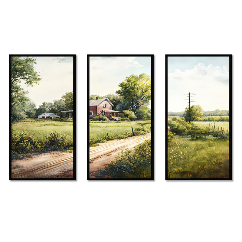 «Beautiful Barn In Spring IV», reproduction sur toile 3 pièces, H 28 po x l 36 po x P 1 po, Cadre noir