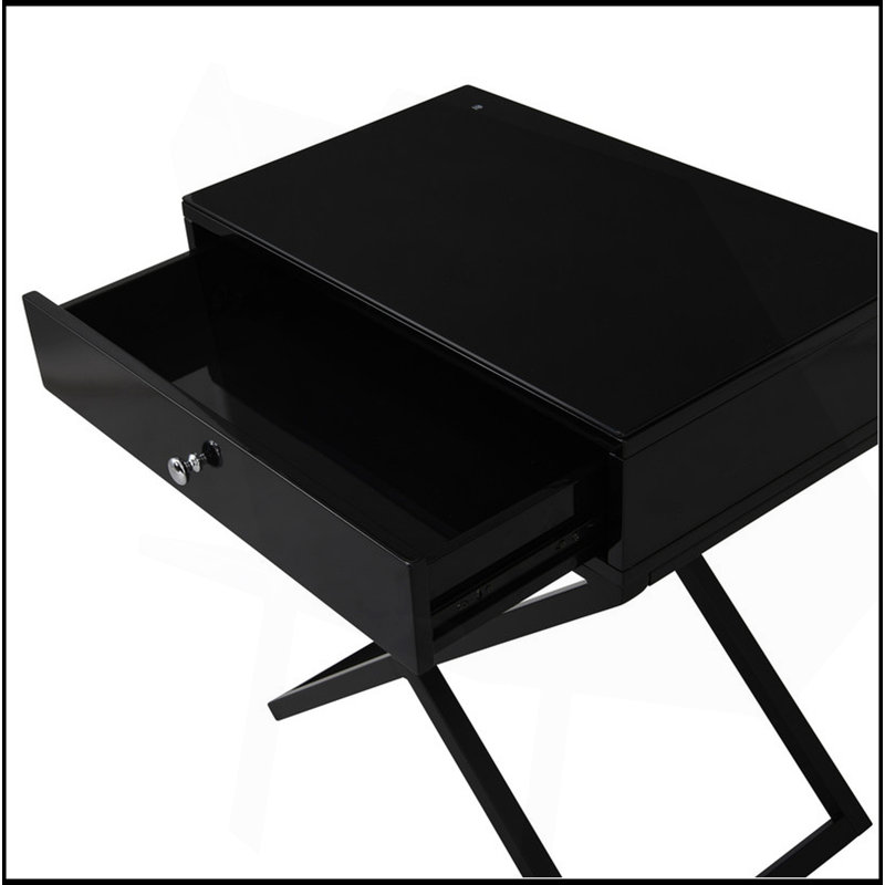 23" Wooden End Side Table Nightstand With Top, Drawer And Cross Base, Black