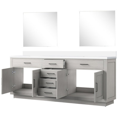 Chêne blanc 84 po Meuble-lavabo double l 22 po x P 22 po, surface en marbre de culture, 34 miroirs, quincaillerie à fermeture en douceur, meuble-lavabo en bois massif avec panneaux en chêne, comptoir, cadre et structure