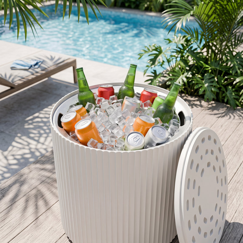 Ensemble de tables d'appoint 2 pièces pour refroidisseur d'extérieur polyvalent, seau à glace 2 en 1 et barre de boissons pour patio, bord de piscine et pique-nique, blanc