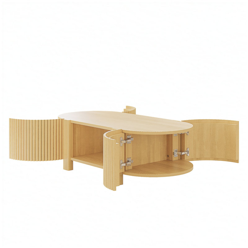 Table basse ovale cannelée avec rangement pour le salon, bois d'hévéa massif, 1 tablette et 2 portes de rangement ouvertes, naturel, 47 po