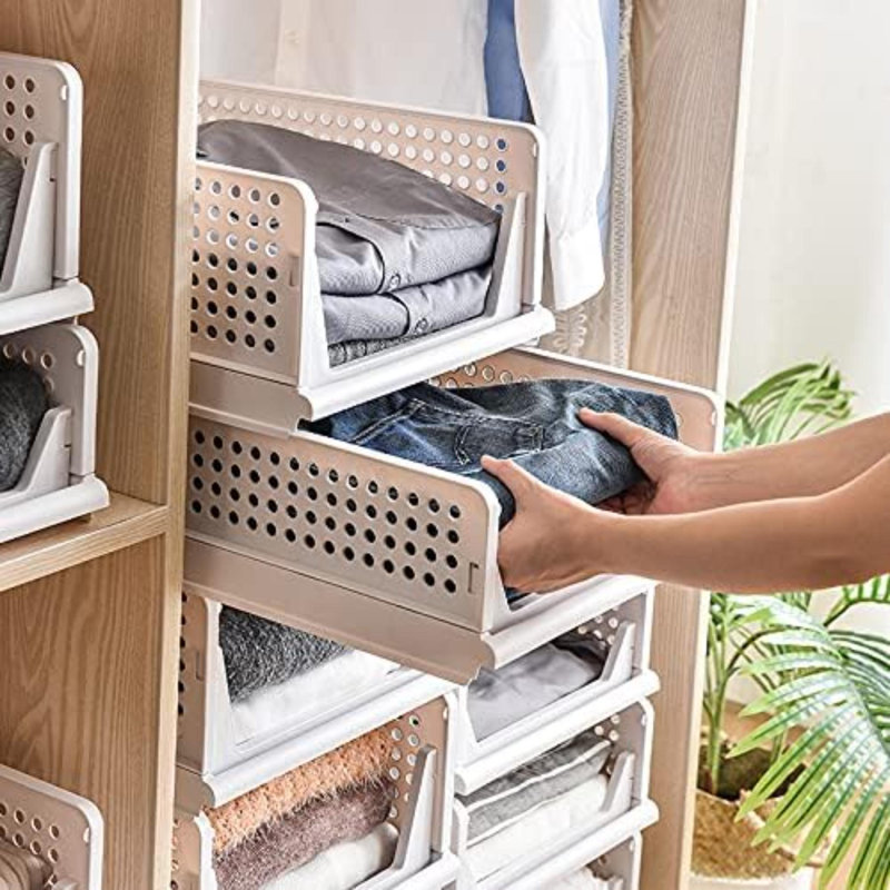 4-Pack Folding Wardrobe Storage Box Plastic Drawer Organizer Stackable Shelf Baskets Cloth Closet Container Bin Cube Home Office Bedroom Laundry Drawer Dividers For Clothes Toy Organization (Green)