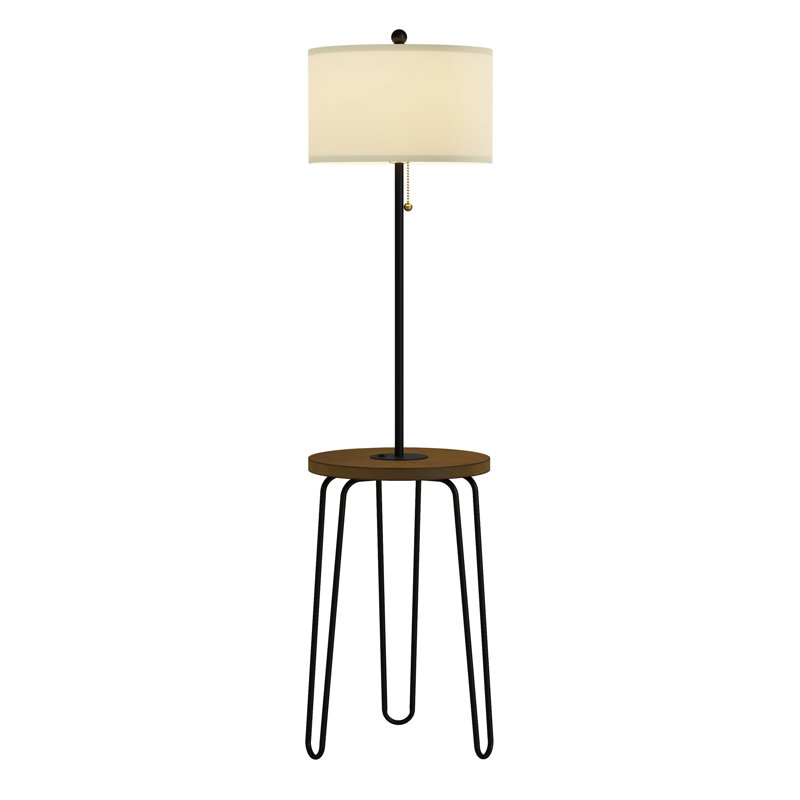 Wrought Studio Floor Lamp with Table - Mid-Century Modern Nightstand or Side Table with USB Port and Hairpin Legs - Standing Light with Shelves