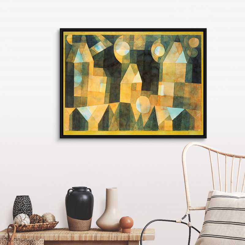 Trois maisons et un pont par Paul Klee - reproduction d'art sur toile, H 32 po x l 42 po x P 1,75 po, Cadre noir