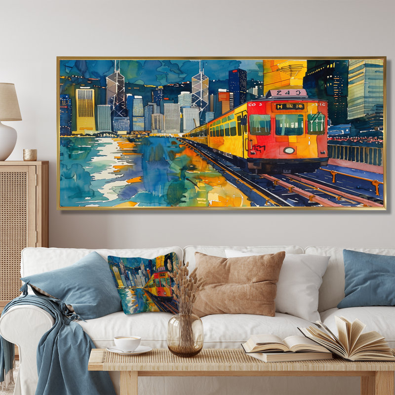 Train à Hongkong Pop Art I - salon d'art mural de Hongkong, Toile avec cadre flottant or, H 28 po x l 60 po x P 1,5 po