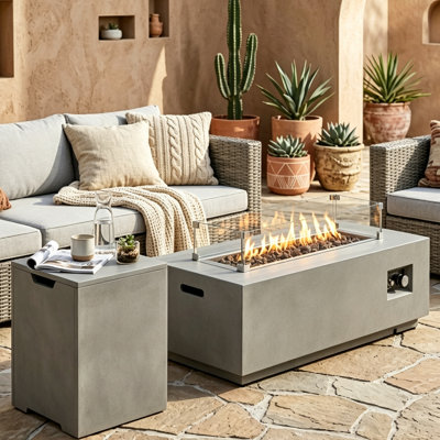 42" Propane Gas Fire Pit Table 2-Pieces, 50000 BTU Rectangular Steel Fire Pit with Glass Wind Guard for Outside Patio Deck Garden Courtyard -Gray