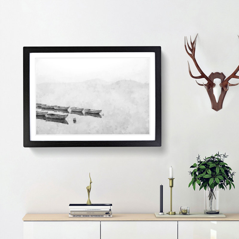 Boats On A Placid Lake Painting - Single Picture Frame Print on MDF, 62cm H x 87cm W x 2cm D, Oak