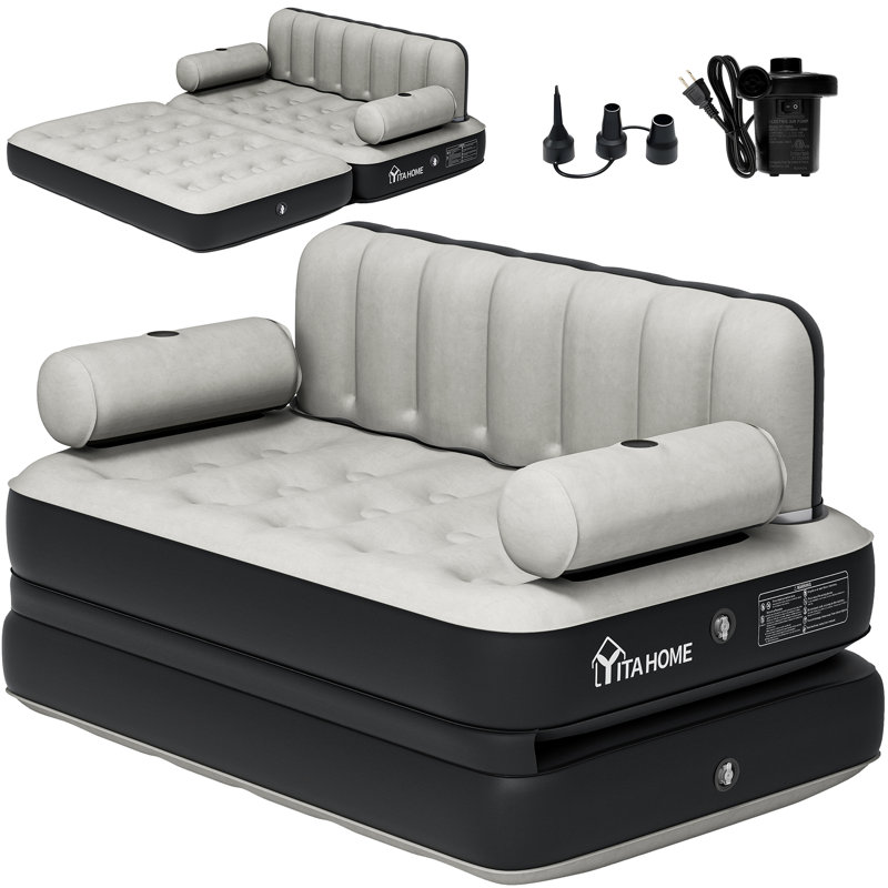 Air Sofa Bed Mattress With Headboard And Pump, Black + Gray