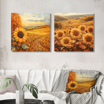 Country Side Sunflowers In Fall I - Sunflowers Wall Art - Traditional Wall Art For Living Room 2 Piece