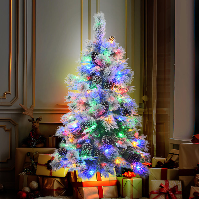 4FT Prelit Snow Flocked Spruce Christmas Tree with Pine Cones and Multi-Color LED Lights