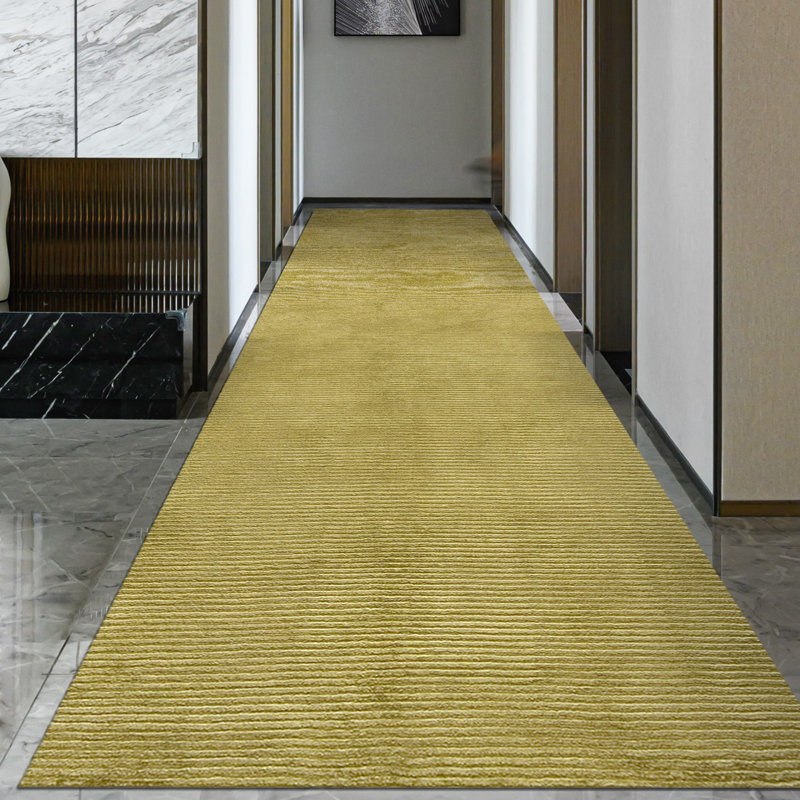 Hand Knotted Area Rug in Olive Green, Runner 2'6" x 12', Gold