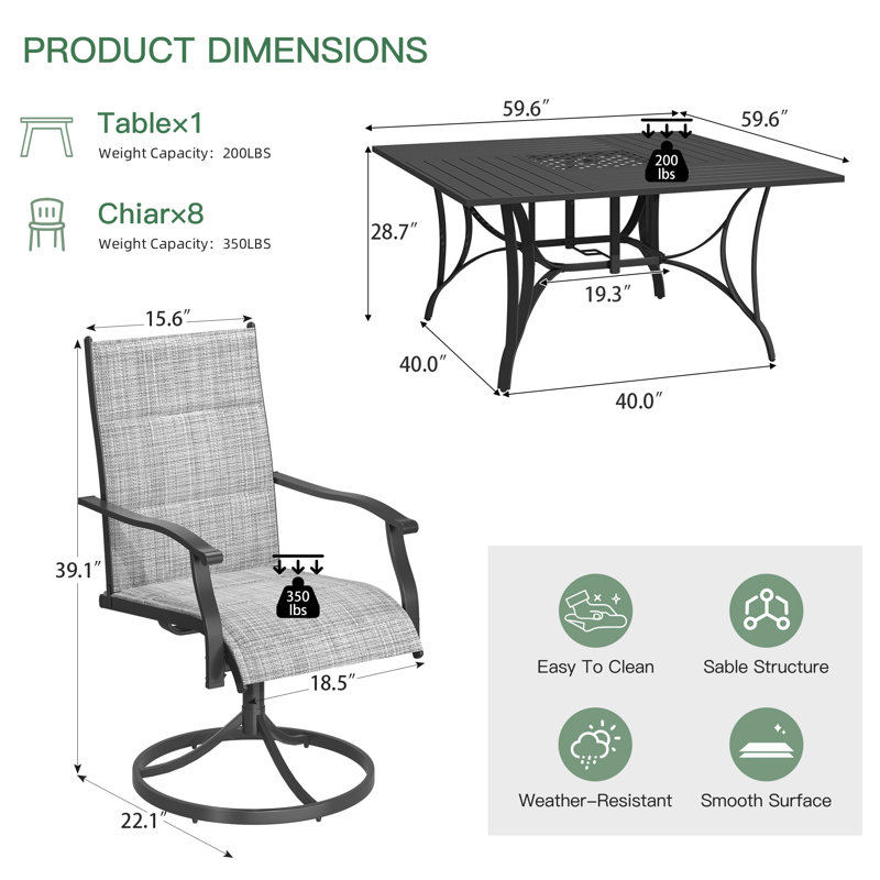 Ensemble de salle à manger 9 pièces pour patio, ensemble de table et chaises d'extérieur pour 8, 8 chaises pivotantes, 1 table carrée en fer avec trou de parasol réglable (1,57 po - 1,97 po), ensemble de mobilier de patio pour terrasse, jardin, pelou
