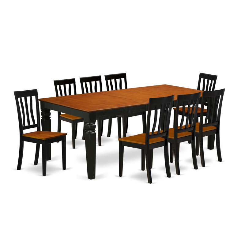 Ensemble de table de salle à manger 9 pièces comprenant une table rectangulaire avec rallonge papillon et 8 chaises en bois, noir et cerisier