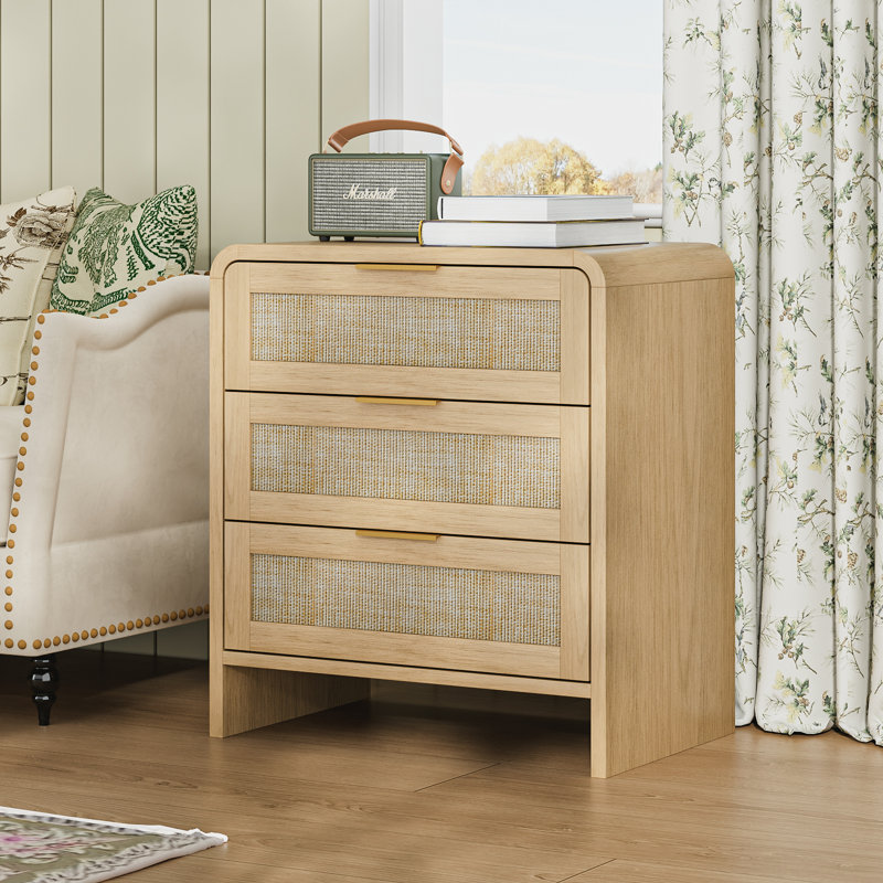 3-Drawer Rattan Nightstand, Modern Curved Bedside Table with Woven Drawer Fronts & Gold Handles, Caramel Oak Wood Nightstand for Bedroom, Available in Single